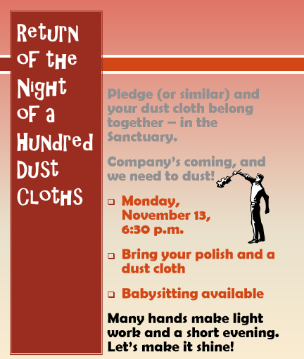 Night of One Hundred Dustcloths –  Monday November 13, 6:30 pm